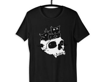 Black Cats In Skull T-Shirt, Spooky Halloween Graphic Tee, Creepy Cute Goth Clothing