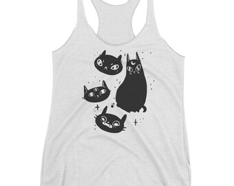 Cute Cats White Racerback Tank Top, Original Art Graphic Tee, Kawaii Kitty Halloween Clothing