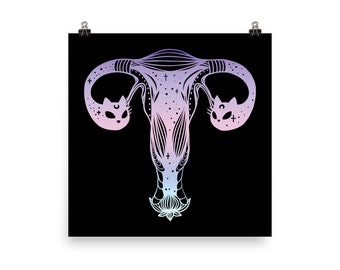 Ovaries Uterus With Cat Heads Feminist Wall Art Print Poster, Feminism Artwork