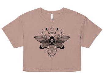 Witchy Moth Crop Top, Goth Relaxed Fit Cropped Tee, Forestcore Festival Shirt, Dark Cottagecore Clothing