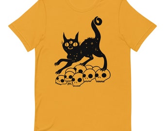 Black Cat On Skulls Yellow T-Shirt, Goth Alt Fashion Tee, Cute Cat Lover Clothing