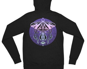 Luna Moth Black Unisex Zip Up Hoodie Jacket, Witchy Autumn Hoody Sweatshirt