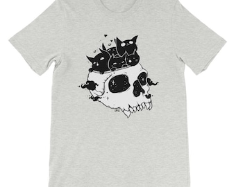 Schwarze Katzen im Schädel-T-Shirt, gruseliges Halloween-Grafik-T-Shirt, gruselige süße Goth-Kleidung