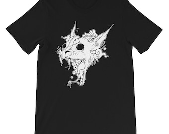 May include: Black t-shirt with a white graphic of a cat with multiple eyes and a mouth full of eyeballs.