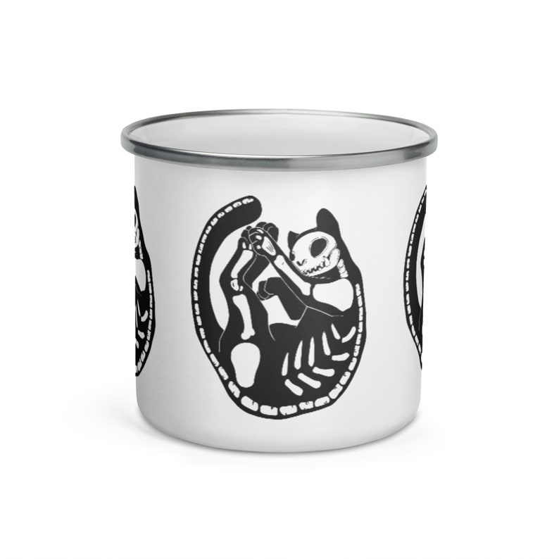 Skeleton Cat Enamel Mug, Camping Cup, Outdoor Mug With Kitty Pattern,  House Warming Present, Wiccan Gifts