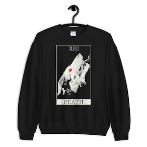 Wolf Death Tarot Card Sweatshirt, Black Goth Witchy Sweater, Chemise Esthétique Sombre