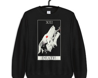 Wolf Death Tarot Card Sweatshirt, Black Goth Witchy Sweater, Chemise Esthétique Sombre