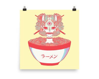 Monster Girl Ramen Noodle Anime Artwork Poster, Yellow 10 x 10 Manga Art Print