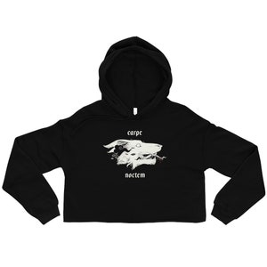 Carpe Noctem Wolf Fleece Crop Hoodie, Gothic Witchy Occult Cropped Hooded Shirt, Latin For Seize the Night