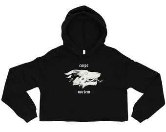 Carpe Noctem Wolf Fleece Crop Hoodie, Gothic Witchy Occult Cropped Hooded Shirt, Latin For Seize the Night
