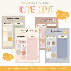 Może przedstawiać: Zestaw kolorowych wykresów rutynowych na rano i wieczór, z tekstem "Morning & Evening Routine Chart". Wykresy zawierają sekcje dla kroków porannych i wieczornych, z ilustracjami i tekstem "All Done". Obraz zawiera również tekst "120+ kart w zestawie."