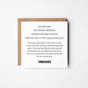 May include: A white square card with black text, presented on a brown envelope. The card details the paper weight, cardstock certification, and envelope material. The card size is 147mm x 147mm (approximately 6x6 inches). The brand name "TARCHIES" is at the bottom.