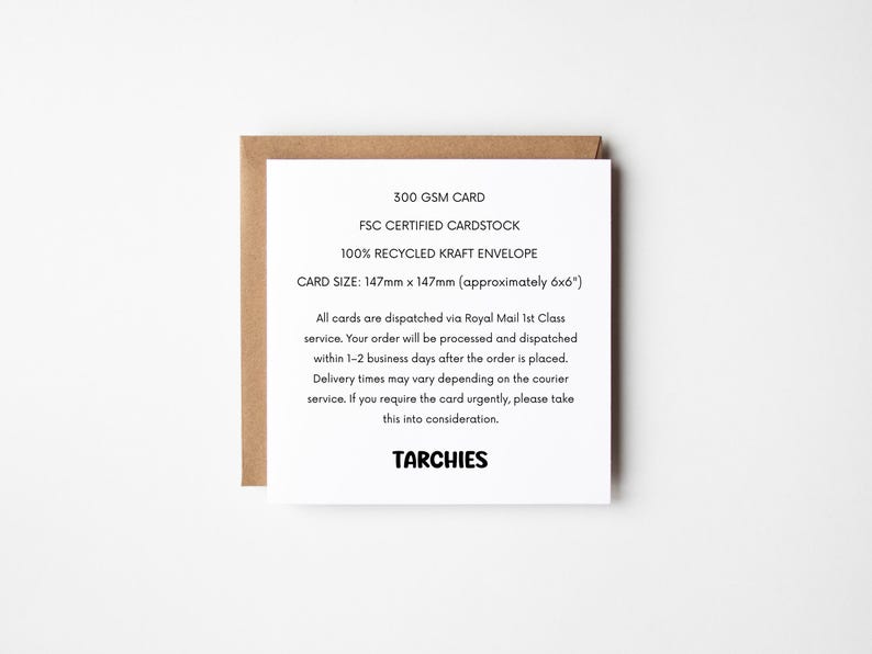 May include: A white square card with black text, presented on a brown envelope. The card details the paper weight, cardstock certification, and envelope material. The card size is 147mm x 147mm (approximately 6x6 inches). The brand name "TARCHIES" is at the bottom.