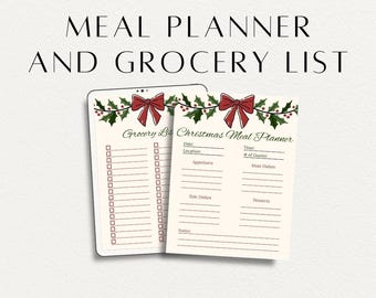 May include: A digital meal planner and grocery list with a Christmas theme. The design features a red bow and holly accents. The text includes "Meal Planner and Grocery List" and "Instant Download Printables."