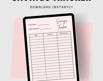 May include: A digital savings tracker on a tablet with the text "SAVINGS TRACKER" and "DOWNLOAD INSTANTLY". The tracker includes fields for goal date, amount, date, amount, and total savings. The website address www.theyoungwife.com is at the bottom.