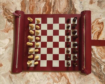 Premium Roll Up Chess Set • Vegan Leather Chess Board game • Birthday Gift for him • Travel gift for men