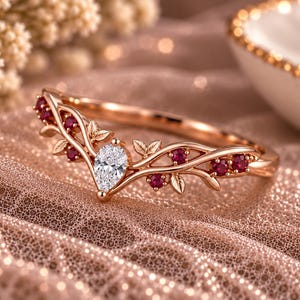 Nature Inspired Curved Matching Band with Pear Cut Moissanite and Red Ruby in Solid Rose Gold