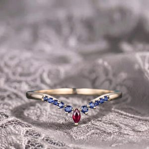 Curved ruby sapphire wedding band solid 14k yellow gold matching stacking ring dainty bridal anniversary ring band women