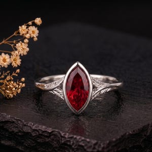 Twig Leaf Marquise Cut Ruby July Birthstone Promise Wedding Ring Ruby Anniversary Ring