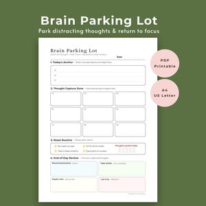 May include: A printable A4 planner titled "Brain Parking Lot" designed to help manage thoughts and focus. The design features a white background with sections for daily tasks, thought capture, and review, with pink and green accents. The planner is available as a PDF.