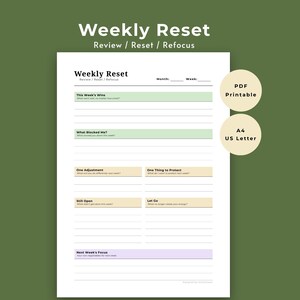 Weekly Reset Planner for Overwhelmed Women | Printable Self Care Reflection Worksheet | Weekly Review PDF