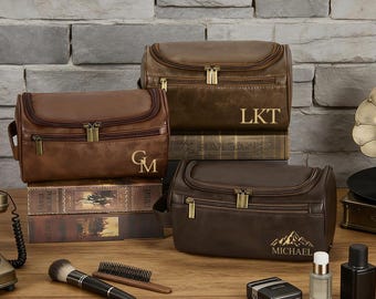 Personalized Leather Toiletry Bag | Custom Mens Travel Dopp Kit | Engraved Name or Initials | Fathers Day Gift | Travel Kit |Groomsmen Gift