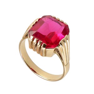Anillo de sello vintage polaco de oro de 14 quilates – Oro 585 – Rubí grande – Sello Husarz – 5 g – 17 mm