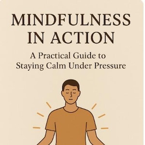 May include: A book cover with the title "MINDFULNESS IN ACTION" and the subtitle "A Practical Guide to Staying Calm Under Pressure." It features an illustration of a person meditating in a lotus position. The author's name, "JR LifeCraft," is at the bottom.