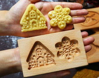 Christmas Gingerbread House & Snowflake Wooden Cookie Mold-Wood Holiday Baking Tool