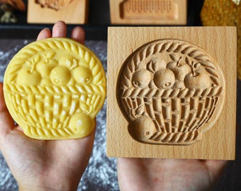 Molde de galletas de madera con forma de cesta de manzana para hornear a diario