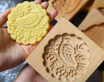 Molde para galletas de pájaro y flor - Molde de madera con borde redondeado
