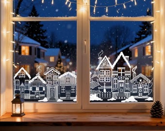 Chalk Marker Winter Village Template  | Christmas Window Decoration | Printable Holiday Window Art | Digital Download