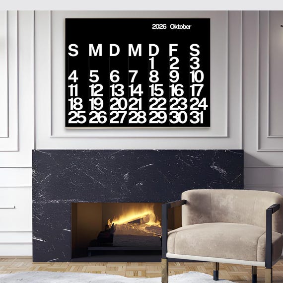 2026 Wandkalender Druckbarer Schwarz-Weiß Modern 48x36, Sonntag-Samstag, Sofort-Download Planner