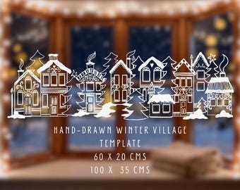 Chalk Marker Christmas Template  | Christmas Window Decoration | Winter village houses | Digital Download
