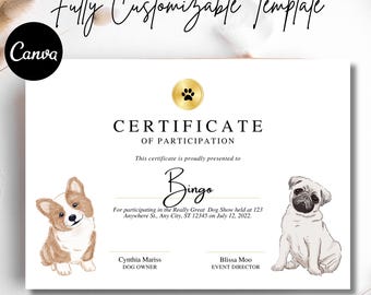 Plantilla editable de certificado de participación en exposiciones caninas (descarga en PDF)