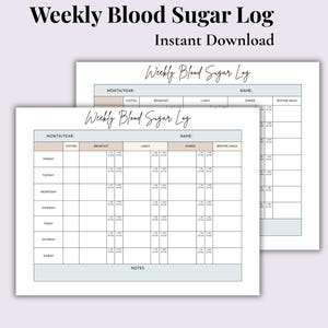 Può includere: Due fogli stampabili di registro settimanale della glicemia. I fogli hanno una combinazione di colori azzurro e beige. La parte superiore dei fogli recita "Weekly Blood Sugar Log" e "Instant Download". I fogli hanno sezioni per la registrazione dei livelli di zucchero nel sangue.