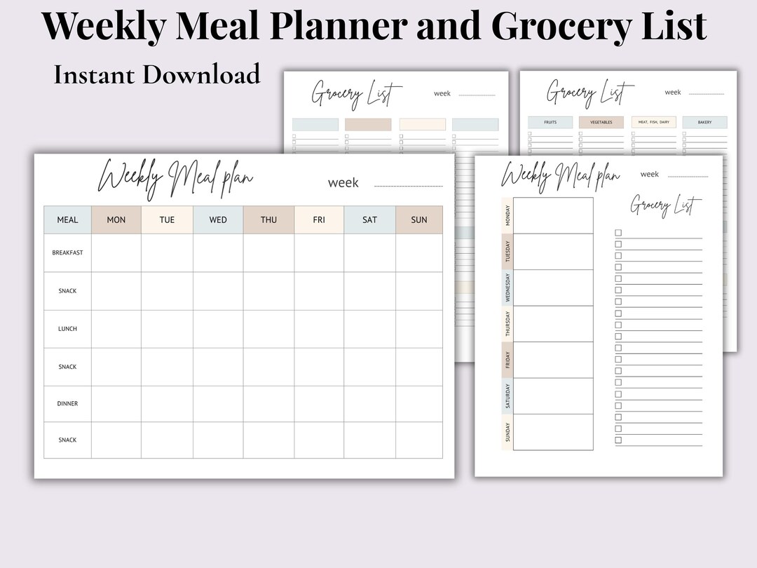 Weekly Meal Planner & Grocery List | Instant Download | Printable PDF ...