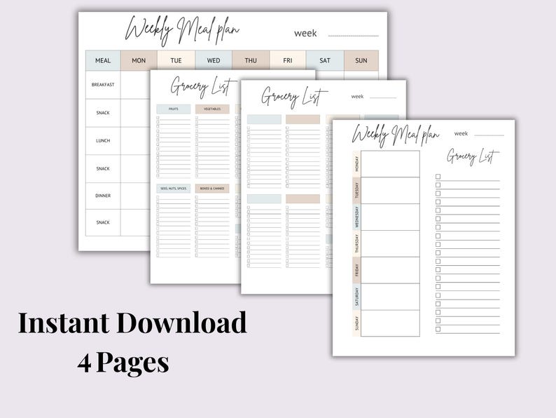 Weekly Meal Planner & Grocery List | Instant Download | Printable PDF ...