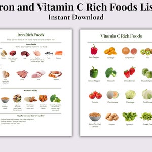 Könnte beinhalten: Eine druckbare Liste mit dem Titel "Liste der eisen- und vitaminreichen Lebensmittel" mit den Worten "Sofort-Download" oben. Die Liste ist in zwei Abschnitte unterteilt: "Eisenreiche Lebensmittel" und "Vitamin C-reiche Lebensmittel", mit Bildern verschiedener Lebensmittel.