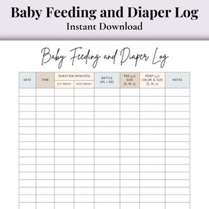 Può includere: Un registro stampabile per l'alimentazione e i pannolini del bambino con il titolo "Baby Feeding and Diaper Log". Il registro include sezioni per data, ora, durata, quantità del biberon, dimensioni della pipì, colore e dimensioni della cacca e note. Le parole "Instant Download" sono sopra il titolo.