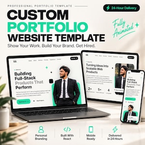 Peut inclure: Un modèle de site web portfolio professionnel affiché sur un ordinateur portable, une tablette et un smartphone. Les écrans présentent du texte incluant "Building Full-Stack Products That Perform" et une personne en costume.