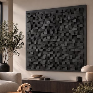Black Geometric Wall Art, Square Wood Acoustic Panel, Modern Sound Diffuser, New Home Gift