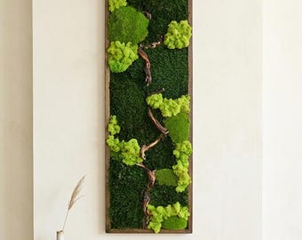 Handmade Vertical Moss Art, Natural Wood and Preserved Moss Panel, Eco-Friendly Botanical Accent, Apartment Decor, Kitchen Wall Art