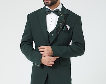 Dark Green Tuxedo Suit Men, Sparkling Cutdana Work, With Trouser, for Prom, Groom, Party