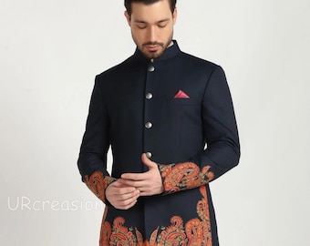 Dark Blue Jodhpuri Suit Men, Handcrafted Traditional Embroidered Work, With Trouser, for Wedding (2Piece)