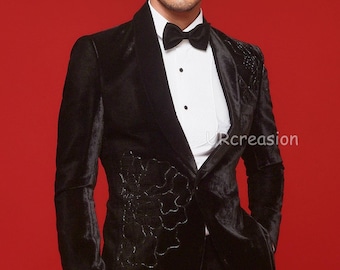 Traje de esmoquin de terciopelo negro para hombre, bordado artesanal, con pantalón de terciopelo, ideal para graduación o para el novio.