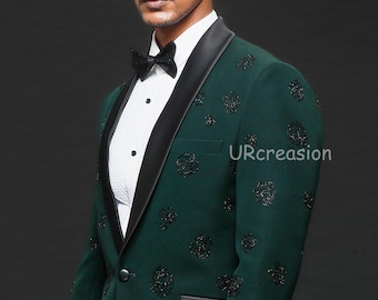 Traje de esmoquin verde oscuro para hombre, con bordado de cuentas brillantes, y pantalón negro, ideal para graduación o para el novio.