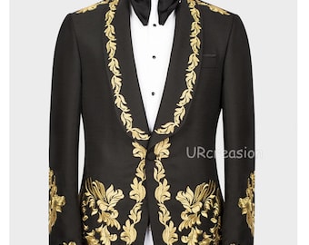 Traje de esmoquin negro para hombre, bordado dorado artesanal, con pantalón, para graduación, novio y fiesta.