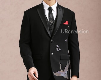 Traje de esmoquin negro para hombre, bordado artesanal de pájaros volando, con pantalón negro, ideal para graduación o para el novio.