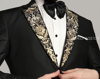 Traje de esmoquin negro para hombre, solapa con bordado artesanal dorado, con pantalón negro, para graduación y boda.